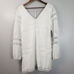 Lulus Embroidered White Mini Dress Women's Size L Long Sleeve V-Neck